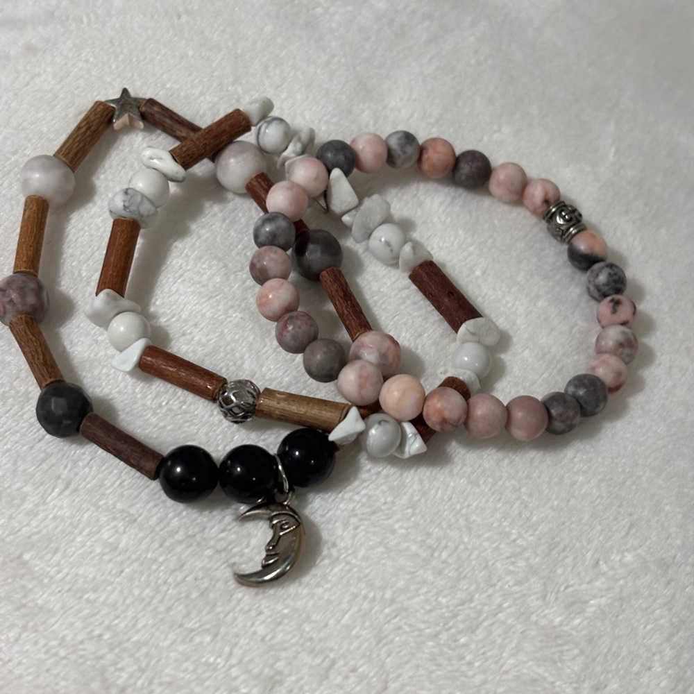 Set of Three Authentic Gemstone Bracelets in Rose, Hazelwood, and White & Silver